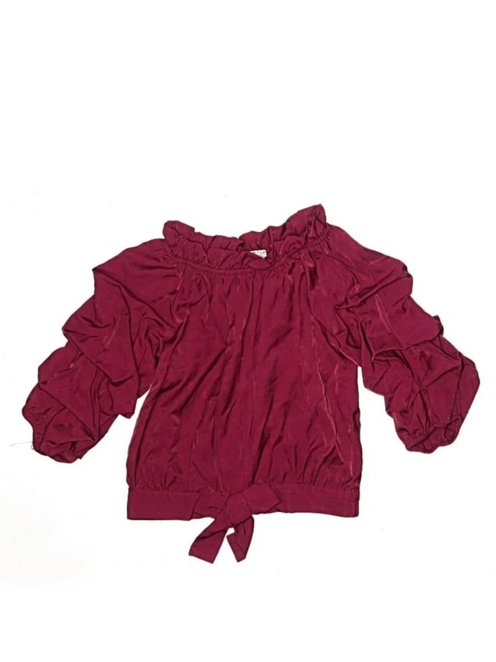 Habitual Girls Gathered Sleeve Top with Ruffle Neckline and Bow - Burgundy